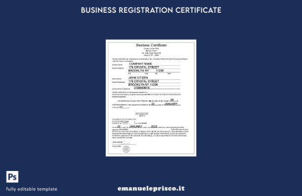 certificato aziendale USA New York in stile verificato modello Word e PDF